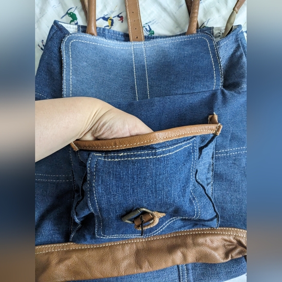 EUC Myra Bag women's Janesa Tote Bag 100% cotton leather denim bag, blue brown - Picture 6 of 13
